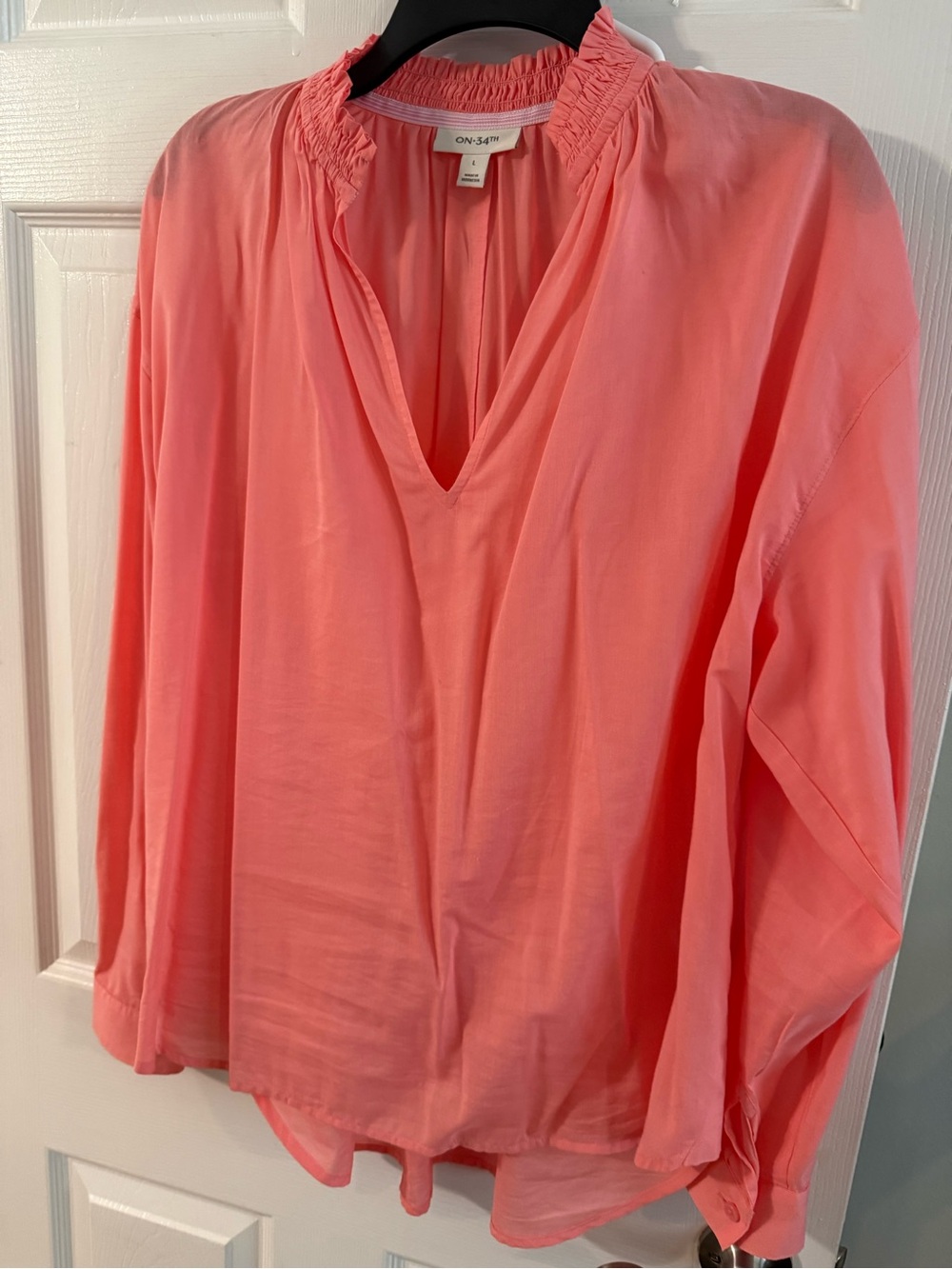 ON/SOMETHING Coral Pink V-Neck Long Sleeve Blouse